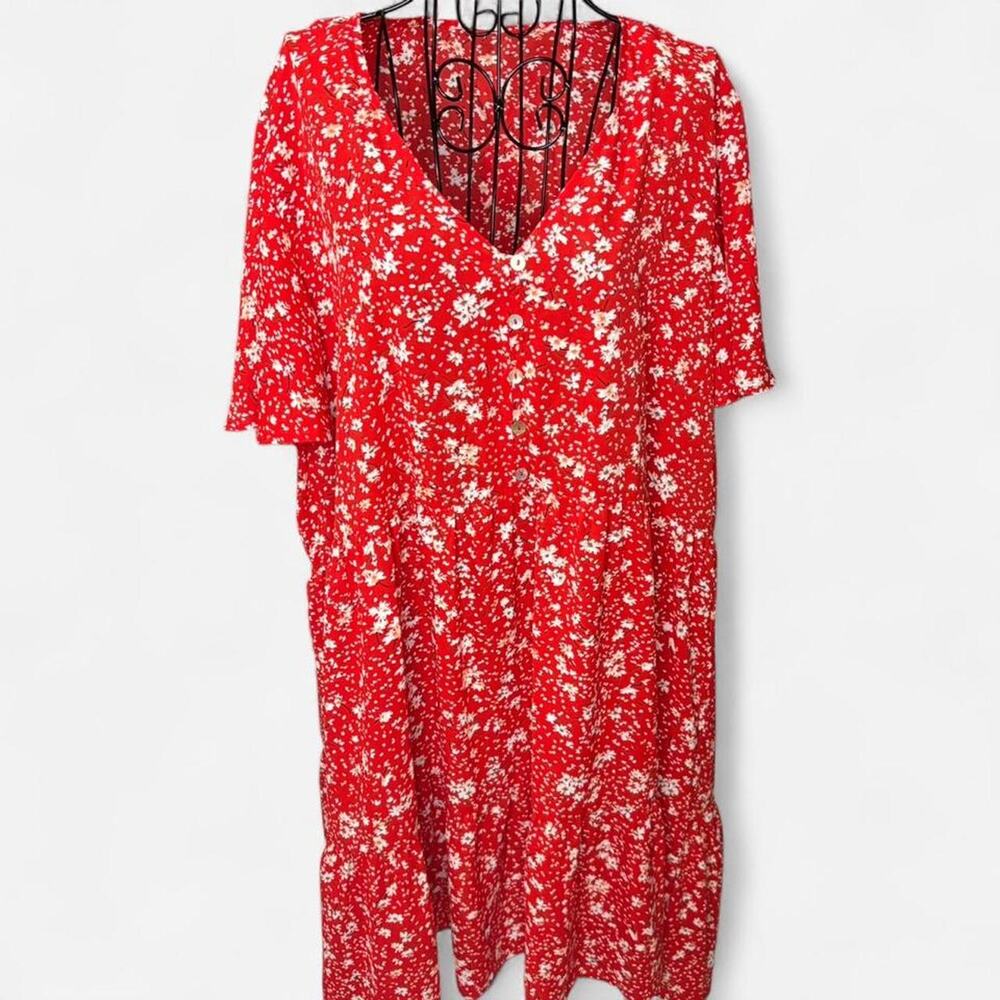 Jodifl Red Floral Tiered Midi Dress Boho V-Neck Plus Size 1X NWT